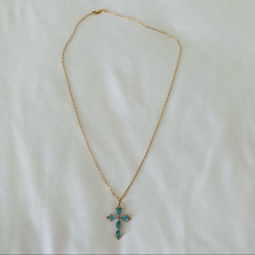 Blue Topaz Diamond 14K Yellow Gold Cross Pendant